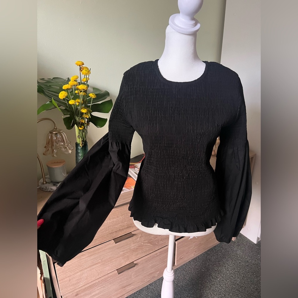 Black Drop Puff-Shoulder Scrunch Smock Blouse Modest Cotton Shirt Stretch Top XL